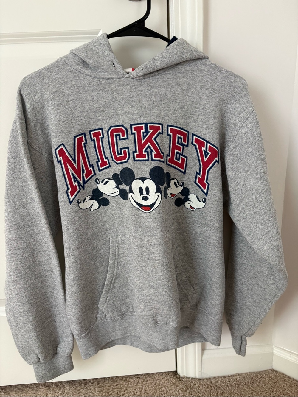 Disney Grey Crewneck Mickey Graphic Sweatshirt with Red & Navy Lettering